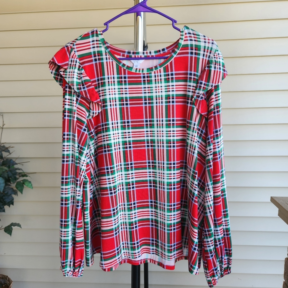 Crown & Ivy 1X Ladies Women's Blouse Shirt Red Green White